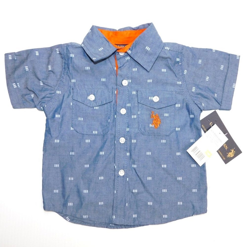 US Polo Assn Blue White Orange Button Front Shirt NEW Baby Boys 12 months 12M
